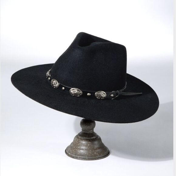 Western Wool Panama Hat with Gold Concho Metal Belt in BLACK - Picture 3 of 13